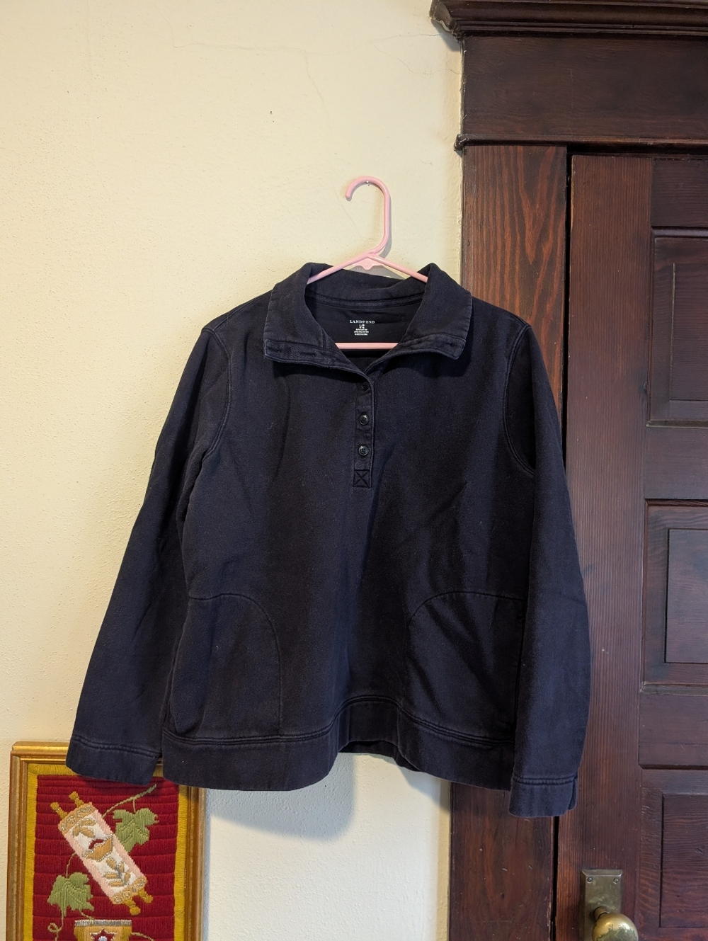 Lands' End Petite Navy Blue Quarter Button Pull Over Sweater